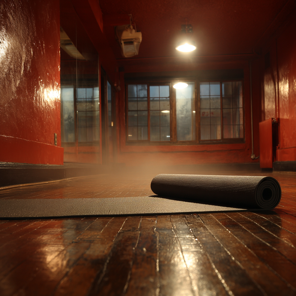 An empty hot yoga studio with terracotta walls, dark wood floor, and a single rolled mat under warm light.