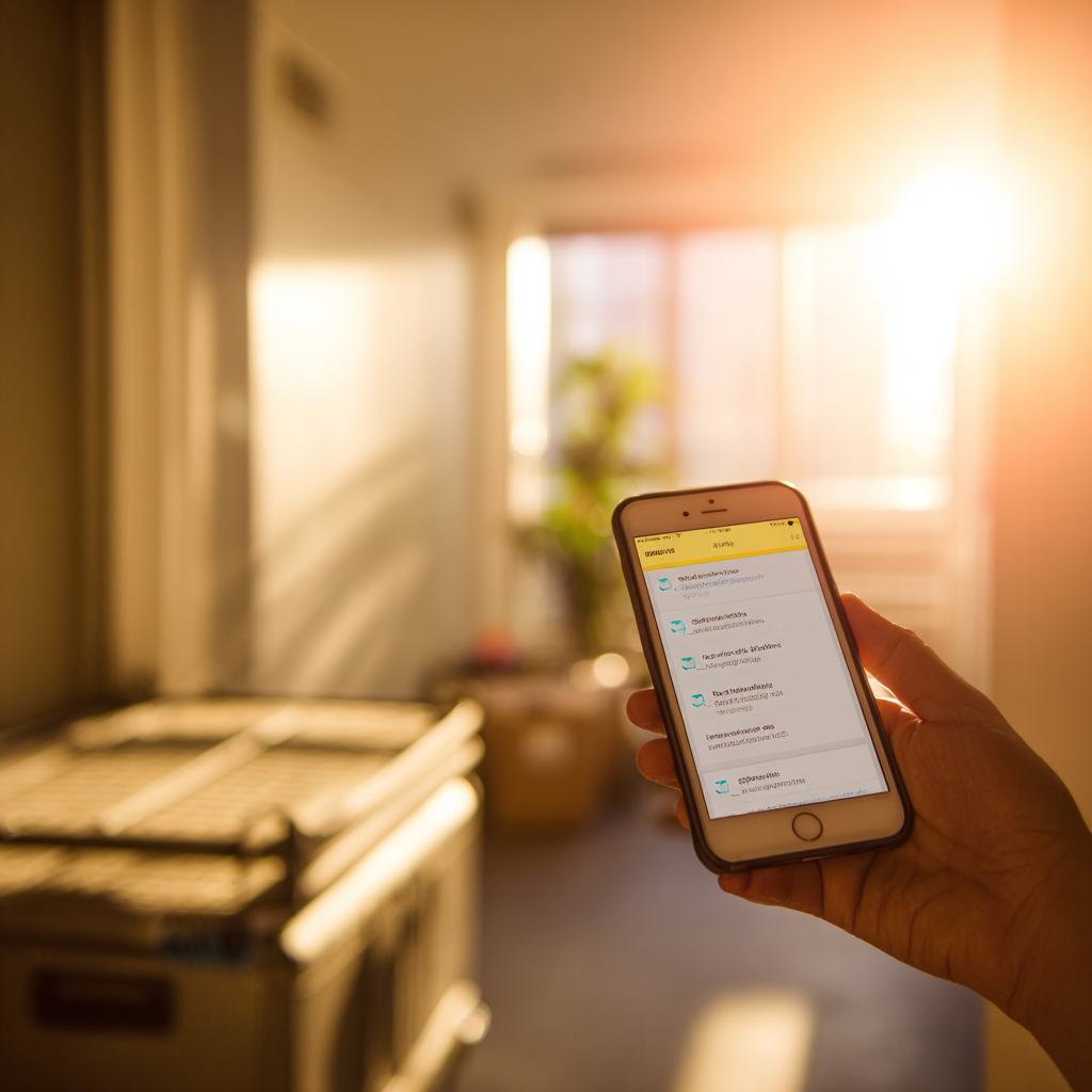 A hand holding an iPhone showing the Trabajos cleaning app in Spanish, in a warm-lit apartment hallway.
