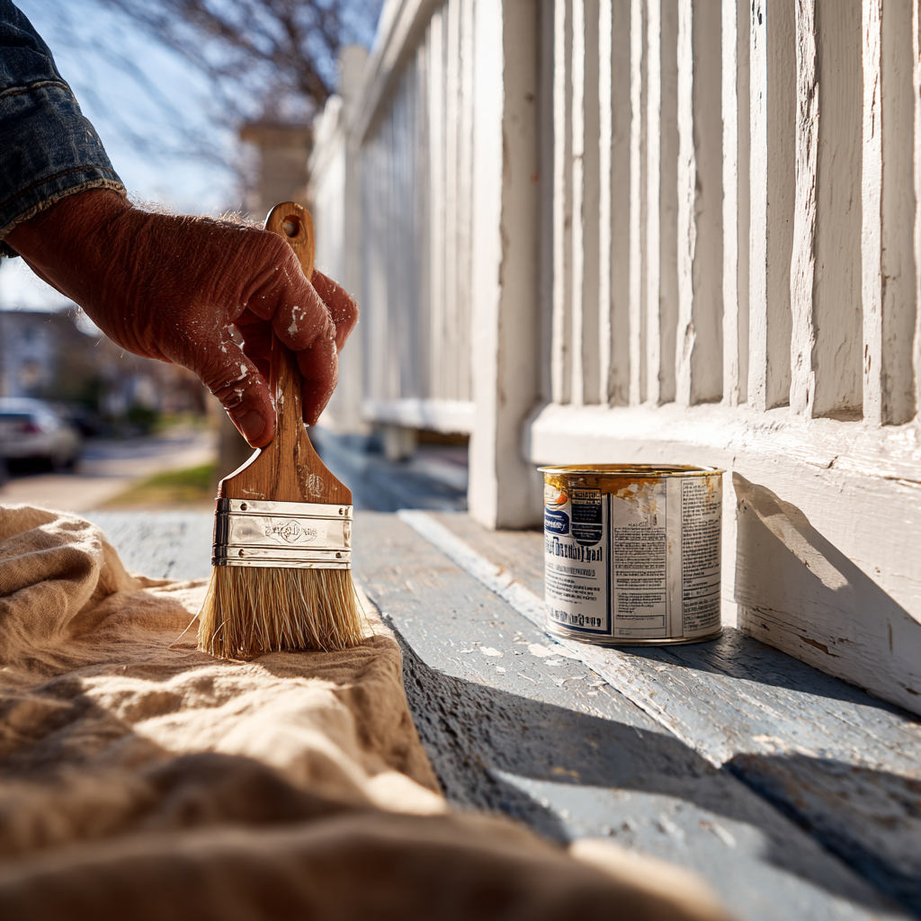 A painter's worn hand with a sash brush painting the white trim of a Memphis bungalow porch.