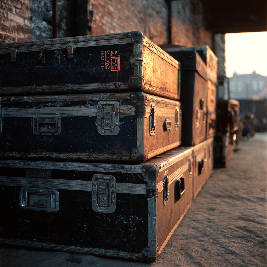Stacked black road cases for music production gear in an old Memphis loading bay, late afternoon light.